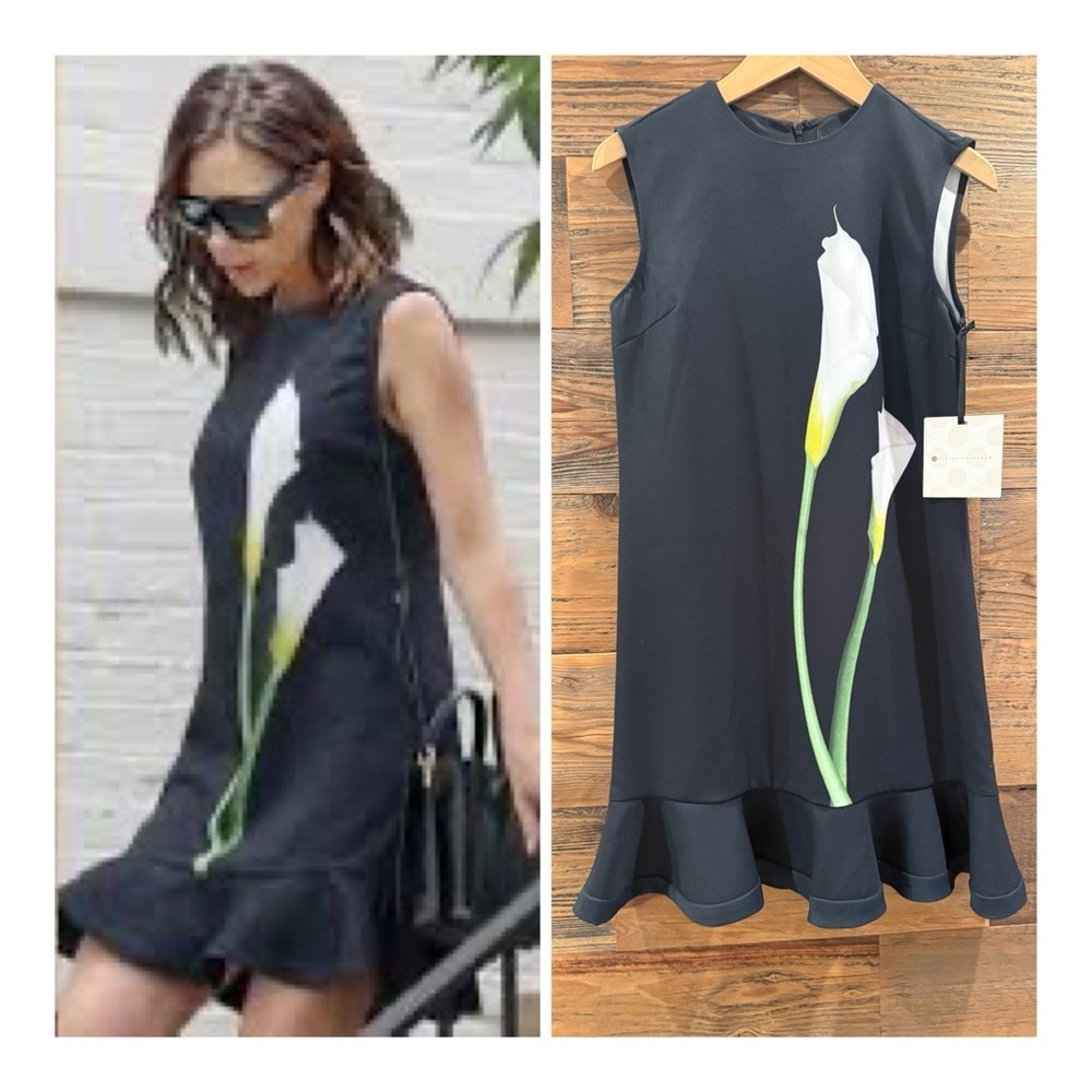 Victoria Beckham Black Sheath Dress with White Floral Design NWT